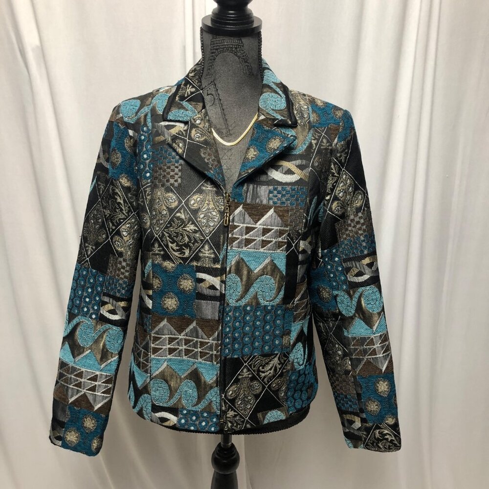 Dressbarn Jacket Womens Size Medium Brown Teal Patchwork Tapestry Blazer Office